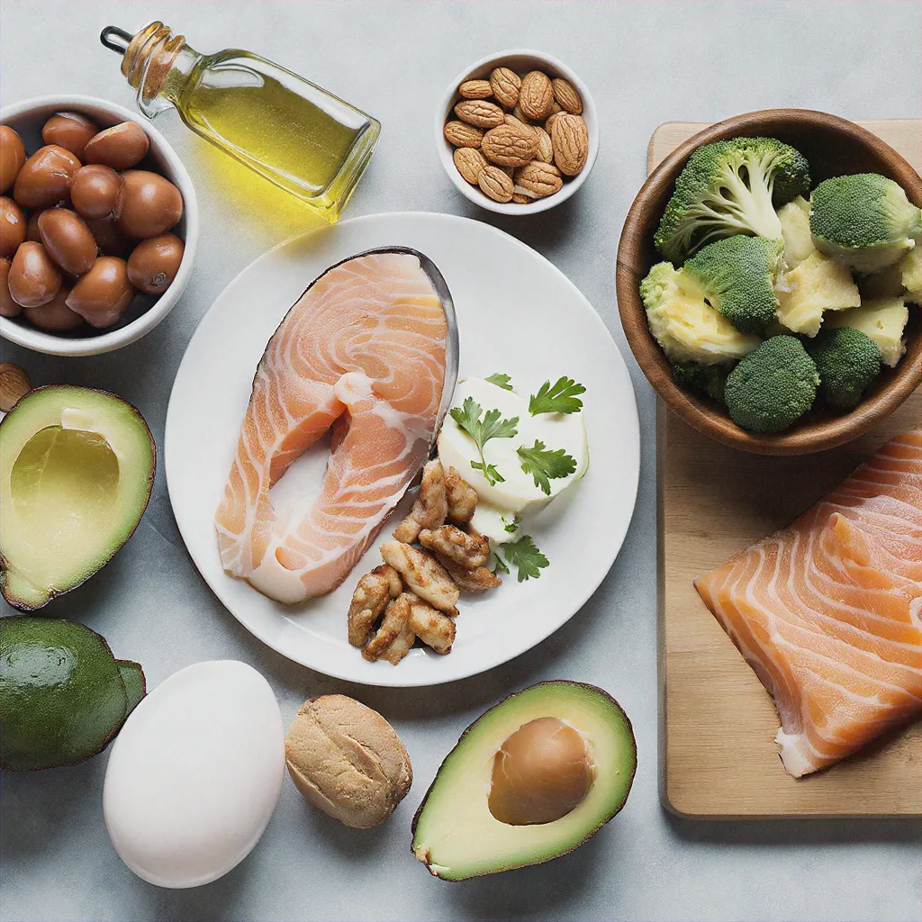 Keto diet foods including avocado, eggs, and cheese on a table